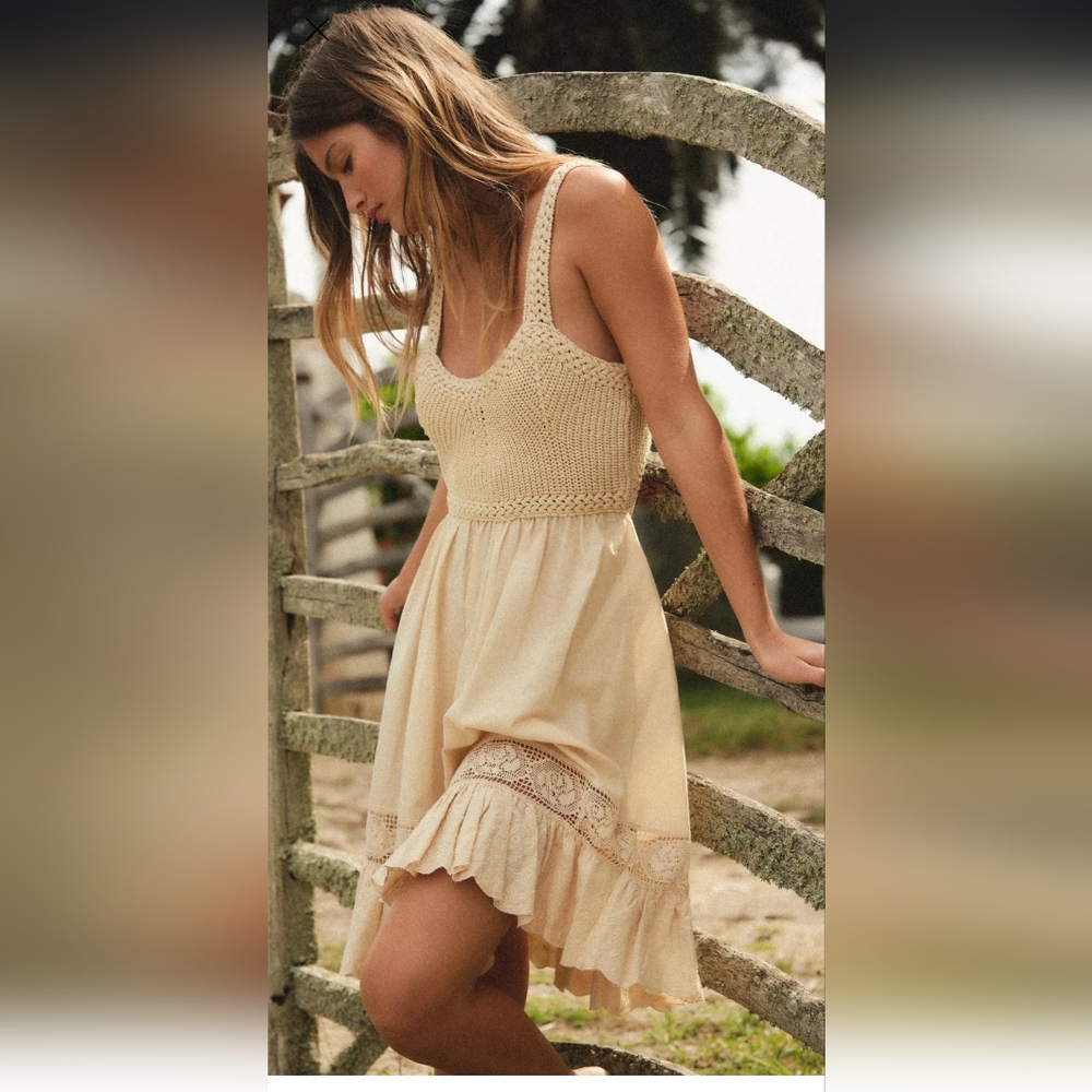 Zara Beige High Low Dress with Lace Detail